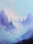 Schilderij van mistige paarse bergketens