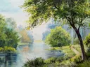 Schilderij van een rivier in een mistig bos