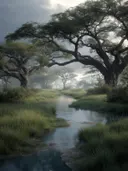 Schilderij van gebogen acaciabomen bij een nevelige rivier