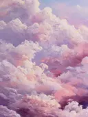 Schilderij van dromerige wolkenmassa's in roze en lila