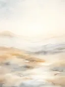 Waterverf landschap van een beige mistige vallei met vage bergsilhouetten op de achtergrond.