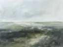Landschap met groene velden in de mist