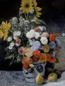 Mixed Flowers in an Earthenware Pot van Pierre-Auguste Renoir: bloemen met boeket, zonnebloemen, vaas en fruit, in geel en wit op donker