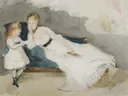 (Mme gobillard et sa fille paule020016) van Berthe Morisot: figuren met vrouw, kind, witte jurk en zittend, in wit en grijsblauw
