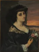 Mme L . . . (Laure Borreau) van Gustave Courbet: portret met vrouw, zwarte jurk, roos en kant, in zwart en warm bruin