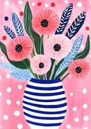 Moderne roze bloemen in streepvaas, botanisch schilderij