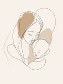Schilderij met lijntekening van moeder en baby en beige kleurvlakken