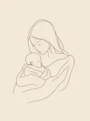 Lijntekening van moeder met slapende baby in bruine lijnen op crème