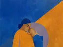 Schilderij van moeder en kind in kobalt en saffraan, in vlakke kleurvlakken