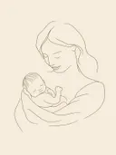Lijntekening van moeder met baby in beige tinten voor de babykamer