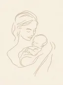 Minimalistische lijntekening van moeder en baby in bruine lijnen