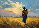Silhouet van moeder met kind op de rug in gouden veld