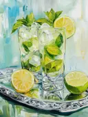 Schilderij van twee mojito's met munt en limoen op een zilveren dienblad.