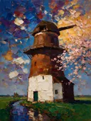 Molen achter een bloesemtak, landschap schilderij