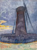 Molen bij Domburg van Piet Mondriaan: landschap met molen, silhouet, avond en water, in donker blauw en paars