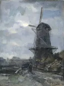 Molen bij maanlicht van Jacob Maris: landschap met molen, maanlicht, avond en wolken, in gedempt blauwgrijs