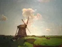 Molen bij Noorden van Jan Hendrik Weissenbruch: landschap met molen, weiland, koeien en wolken, in warm oker met roze lucht