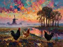 Molen in de ochtendmist tussen de bomen, schilderij van molen