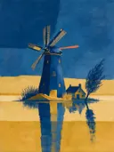 Schilderij van molen in delfsblauw en mosterd, in vlakke kleurvlakken