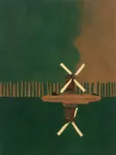 Schilderij van molen in dennengroen en klei, in vlakke kleurvlakken
