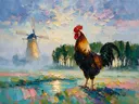 Molen in diep de ochtendmist tussen de bomen, schilderij van molen