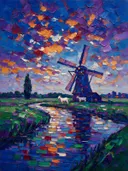 Molen in diep het vergezicht aan het water, schilderij van molen