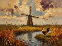 Molen in diep het volle beeld tussen de grassen, schilderij van molen