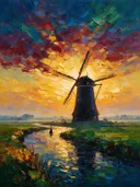 Molen in diep tegenlicht in de mist, schilderij van molen