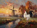 Molen in donker de ochtendmist tussen de bomen, schilderij van molen