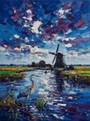 Molen in donker het vergezicht aan het water, schilderij van molen