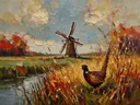 Molen in donker het volle beeld tussen de grassen, schilderij van molen