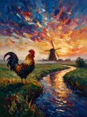 Molen in donker tegenlicht in de mist, schilderij van molen