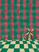 Schilderij van molen in framboos en jade, in vlakke kleurvlakken