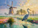 Molen in gedempt de ochtendmist tussen de bomen, schilderij van molen