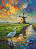 Molen in gedempt het vergezicht aan het water, schilderij van molen