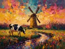 Molen in gedempt het volle beeld tussen de grassen, schilderij van molen