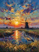 Molen in gedempt tegenlicht in de mist, schilderij van molen