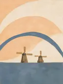 Schilderij van molen in grijsblauw en abrikoos, in vlakke kleurvlakken