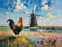 Molen in helder het volle beeld tussen de grassen, schilderij van molen