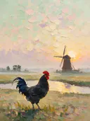 Molen in helder tegenlicht in de mist, schilderij van molen
