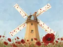 Schilderij van molen in hemelblauw en klaproosrood, in vlakke kleurvlakken