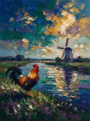 Molen in het vergezicht aan het water, schilderij van molen