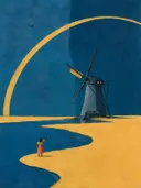 Schilderij van molen in het vlakke land in delfsblauw en mosterd, in vlakke kleurvlakken