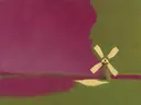 Schilderij van molen in het vlakke land in magenta en olijfgroen