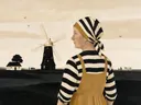 Schilderij van molen in het vlakke land in zwart en gebroken wit, in vlakke kleurvlakken