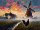 Molen in licht de ochtendmist tussen de bomen, schilderij van molen