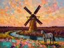 Molen in licht het volle beeld tussen de grassen, schilderij van molen