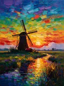 Molen in licht tegenlicht in de mist, schilderij van molen