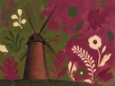 Schilderij van molen in magenta en olijfgroen, in vlakke kleurvlakken