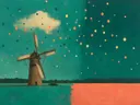 Schilderij van molen in petrol en koraal, in vlakke kleurvlakken